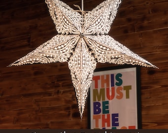 Black and White Paper Star Lantern with LED Lighting Kit - Handcrafted Celestial Decor