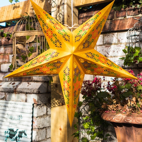 Yellow and Multi-Coloured Tissue Paper Star Lantern - Handmade Spring Decor