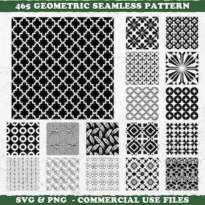May include: Sixteen black and white geometric seamless patterns are displayed. The patterns include floral, quatrefoil, and abstract designs. The text at the top reads "465 GEOMETRIC SEAMLESS PATTERN". The bottom text reads "SVG & PNG - COMMERCIAL USE FILES".
