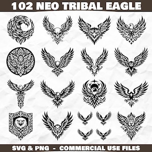 May include: A collection of 16 black neo-tribal eagle designs in various styles. The designs include eagles with spread wings, circular patterns, and shield shapes. The text "102 NEO TRIBAL EAGLE" is at the top, and "SVG & PNG - COMMERCIAL USE FILES" is at the bottom.