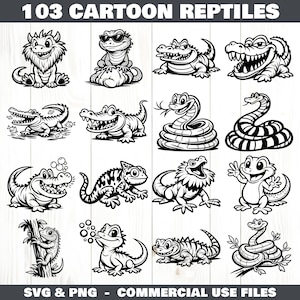 May include: A collection of black and white cartoon reptile illustrations, featuring crocodiles, snakes, and lizards. The image includes the text "103 CARTOON REPTILES" and "SVG & PNG - COMMERCIAL USE FILES".