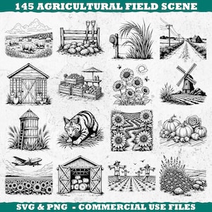 Puede incluir: Ilustraciones en blanco y negro de escenas agrícolas. La imagen incluye dibujos de una granja, un molino de viento, girasoles, un gato, un granero y un campo con espantapájaros. El texto en la parte superior dice "145 AGRICULTURAL FIELD SCENE". El texto en la parte inferior dice "SVG & PNG - COMMERCIAL USE FILES".
