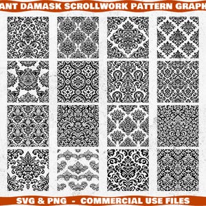 May include: A collection of sixteen black and white damask scrollwork patterns. The patterns feature floral and ornate designs, suitable for various design projects. The image includes the text "SVG & PNG - COMMERCIAL USE FILES".