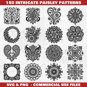 May include: A selection of 150 detailed black and white paisley patterns, featuring floral and geometric designs. The image includes the text "150 INTRICATE PAISLEY PATTERNS" and "SVG & PNG - COMMERCIAL USE FILES".