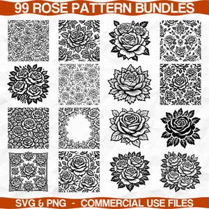 Può includere: Una collezione digitale intitolata 99 ROSE PATTERN BUNDLES che presenta sedici distinte illustrazioni grafiche in bianco e nero di rose, bouquet e motivi floreali. L'immagine include il testo SVG & PNG - COMMERCIAL USE FILES.