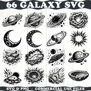 May include: Black and white SVG and PNG files featuring celestial designs. The image includes illustrations of planets with rings, crescent moons, starbursts, and other space-themed graphics. Text at the top reads "66 GALAXY SVG".