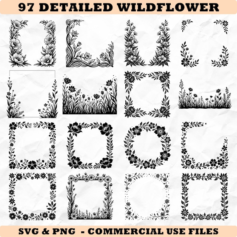 Detailed Wildflower Frame Borders Svg & Png Bundle for Cricut and Laser ...