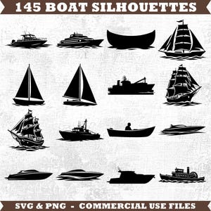 Op de afbeelding: Een verzameling van 145 zwarte boot silhouetten, waaronder zeilboten, speedboten en vrachtschepen. De afbeelding bevat de tekst "145 BOAT SILHOUETTES" en "SVG & PNG - COMMERCIAL USE FILES".