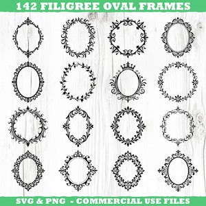 May include: A collection of 142 filigree oval frames in black, displayed on a light wood-grain background. The frames vary in design, featuring ornate scrollwork, floral patterns, and decorative elements. Text at the top reads "142 FILIGREE OVAL FRAMES".