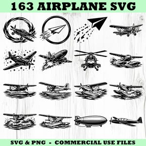Könnte beinhalten: Eine Sammlung von schwarz-weißen Flugzeug-SVG-Designs. Die Designs umfassen verschiedene Arten von Flugzeugen, wie Propellerflugzeuge, Wasserflugzeuge, einen Hubschrauber und einen Zeppelin. Der Text oben lautet "163 AIRPLANE SVG". Der Text unten lautet "SVG & PNG - COMMERCIAL USE FILES".