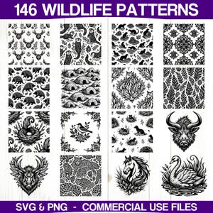 May include: A selection of 16 black and white wildlife patterns, featuring deer antlers, owls, otters, hedgehogs, burrows, foxes, leaves, nests, birds, cats, a bull, a deer head, leopards, a horse, and a swan. The text "146 WILDLIFE PATTERNS" is at the top.