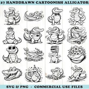 May include: A set of 17 hand-drawn cartoon alligator illustrations in black and white. The alligators are shown in different poses and activities, such as wearing chef hats, sunglasses, and party hats. The text "SVG & PNG - COMMERCIAL USE FILES" is at the bottom.