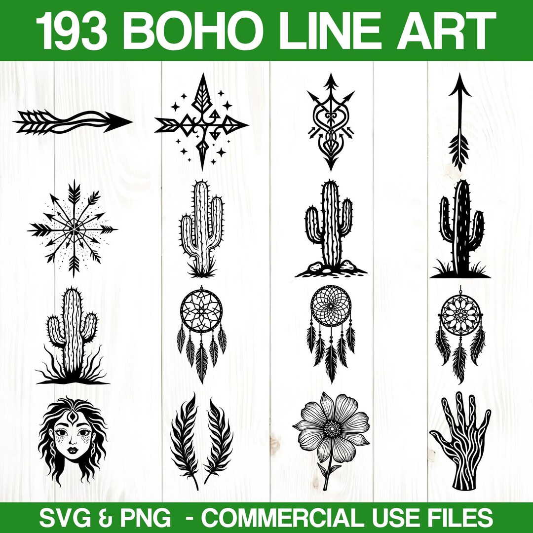 Boho Line Art Graphics Svg & Png Bundle for Cricut and Laser Engrave ...