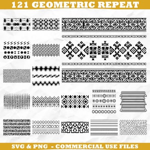 May include: A collection of 121 geometric repeat patterns in black, displayed on a white background. The designs include various shapes and styles, such as zigzags, dots, and intricate geometric motifs. Text at the top reads "121 GEOMETRIC REPEAT".