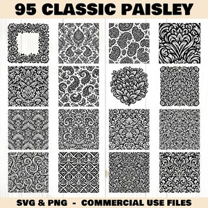 May include: Sixteen black and white paisley patterns are displayed. The designs include floral, scroll, and geometric motifs. The text "95 CLASSIC PAISLEY" is at the top, and "SVG & PNG - COMMERCIAL USE FILES" is at the bottom.