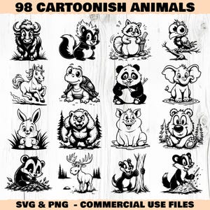 May include: Black and white cartoon illustrations of 98 different animals, including a bison, skunk, raccoon, owl, horse, turtle, panda, elephant, rabbit, bear, pig, and badger. The text "98 Cartoonish Animals" is at the top.