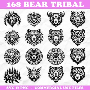 May include: A collection of 16 bear tribal designs in black and white. The designs include bear faces with various styles, including flames, sunbursts, and circular patterns. Text at the top reads "168 BEAR TRIBAL". The bottom text reads "SVG & PNG - COMMERCIAL USE FILES".