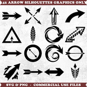 May include: A collection of 142 black arrow silhouettes in various designs. The graphics include straight, curved, and crossed arrows, as well as arrows within circles and triangles. The text at the top reads "42 ARROW SILHOUETTES GRAPHICS ONLY".