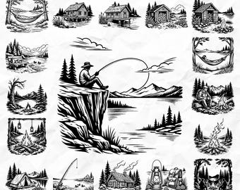 Può includere: Illustrazioni in bianco e nero di scene di campeggio sul lago. L'immagine include cabine, una persona che pesca, una tenda, un falò, un'amaca e altri elementi esterni. Il testo in alto recita "136 LAKESIDE CAMPING SCENES" e in basso "SVG & PNG - COMMERCIAL USE FILES."