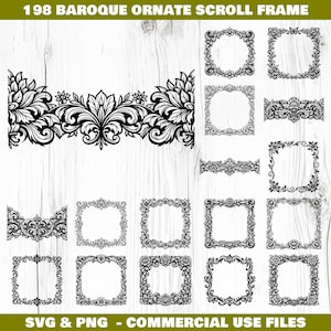 Könnte beinhalten: Schwarz-weiße barocke, verzierte Scroll-Rahmen-Designs. Das Bild zeigt eine Vielzahl von floralen und Scroll-Rahmen-Designs, darunter rechteckige und kreisförmige Formen. Der Text oben lautet "198 BAROQUE ORNATE SCROLL FRAME". Der Text unten lautet "SVG & PNG - COMMERCIAL USE FILES".