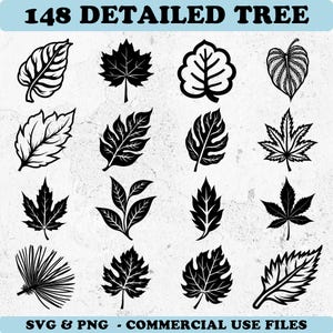 May include: A collection of 148 detailed tree leaf designs in black and white. The image includes various leaf shapes, including maple, oak, and other botanical illustrations. Text at the top reads "148 DETAILED TREE" and at the bottom "SVG & PNG - COMMERCIAL USE FILES."