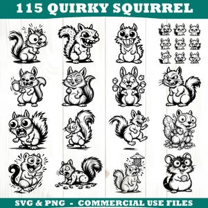 Könnte beinhalten: Eine Sammlung von 115 skurrilen Eichhörnchen-Illustrationen in Schwarzweiß. Die Eichhörnchen haben verschiedene Ausdrücke und Posen, einige halten Eicheln oder sehen überrascht aus. Der Text "115 QUIRKY SQUIRREL" steht oben, mit "SVG & PNG - COMMERCIAL USE FILES" unten.