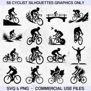 May include: A collection of 58 black silhouette graphics featuring cyclists in various poses, including riding on hills, bridges, and trails, with some accompanied by dogs, children, or foliage, labeled 58 CYCLIST SILHOUETTES GRAPHICS ONLY SVG & PNG.