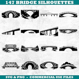 Puede incluir: Una colección de 147 siluetas de puentes negros. Los puentes varían en diseño, incluyendo arcos, puentes colgantes y de armadura. La imagen incluye el texto "147 BRIDGE SILHOUETTES" y "SVG & PNG - COMMERCIAL USE FILES".