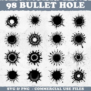 May include: A digital graphic featuring 16 black bullet hole designs in various shapes and sizes. The text "98 BULLET HOLE" is at the top, and "SVG & PNG - COMMERCIAL USE FILES" is at the bottom. The designs are on a light gray background.