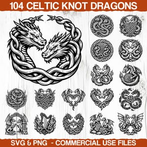 Op de afbeelding: Zwart-wit digitale kunst met 104 Keltische knoopdrakenontwerpen. De ontwerpen tonen draken in verschillende poses, sommige verweven, andere in cirkelvormige frames. De tekst "104 Celtic Knot Dragons" staat bovenaan.