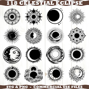 May include: A collection of black and white celestial eclipse designs. The designs include various suns, moons, and starbursts. The text "118 CELESTIAL ECLIPSE" is at the top, and "SVG & PNG - COMMERCIAL USE FILES" is at the bottom.
