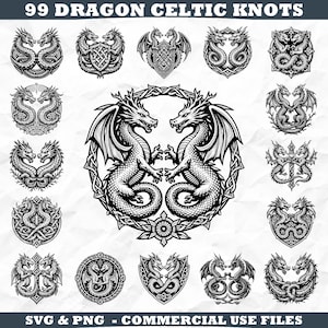 May include: A selection of 99 dragon Celtic knot designs in black and white. The image features various dragon illustrations, some with wings, interwoven with Celtic knot patterns. The text "SVG & PNG - COMMERCIAL USE FILES" is also included.