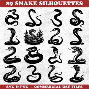 Könnte beinhalten: Eine Sammlung von 89 schwarzen Schlangensilhouetten in verschiedenen Posen. Das Bild enthält den Text "89 Snake Silhouettes" und "SVG & PNG - Commercial Use Files."