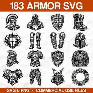 May include: A collection of black and white illustrations depicting different types of armour, such as helmets, shields, and body protection. The image features the text "183 ARMOR SVG" and "SVG & PNG - COMMERCIAL USE FILES".