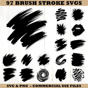 May include: Black brush stroke SVGs in various shapes and styles. The image features 97 brush stroke designs, including splatters, swirls, and textured lines. The text "97 BRUSH STROKE SVGS" and "SVG & PNG - COMMERCIAL USE FILES" are displayed.