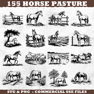May include: A collection of black and white illustrations of horses in various poses. Some horses are standing near fences, while others are grazing or resting in a pasture. The text "155 HORSE PASTURE" is at the top, and "SVG & PNG - COMMERCIAL USE FILES" is at the bottom.