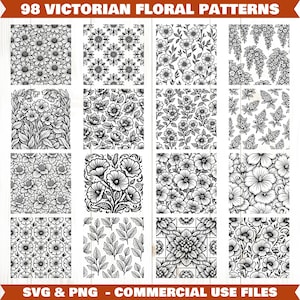 May include: A selection of 98 Victorian floral patterns in black and white. The image showcases diverse floral designs, including detailed flower arrangements, leaves, and intricate patterns. Text at the top reads "98 Victorian Floral Patterns". The bottom text says "SVG & PNG - COMMERCIAL USE FILES".