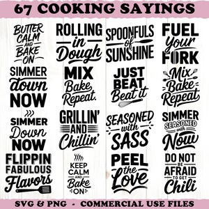 May include: A collection of 16 black and white cooking sayings in a grid layout. Phrases include "Butter and Bake On," "Rolling in Dough," and "Fuel Your Fork." The words are in a variety of stylish fonts.