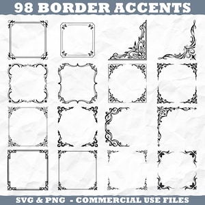 Può includere: Una collezione di 98 bordi neri con vari disegni ornati. L'immagine presenta elementi di cornice quadrati e angolari con dettagli floreali e volute. Il testo in alto recita "98 Border Accents" e in basso "SVG & PNG - COMMERCIAL USE FILES."