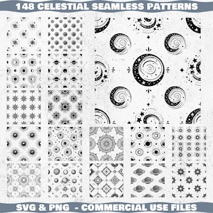 May include: A collection of 148 celestial seamless patterns in black and white. The patterns feature moons, stars, suns, planets, and geometric designs. The image includes the text "148 CELESTIAL SEAMLESS PATTERNS" and "SVG & PNG - COMMERCIAL USE FILES".