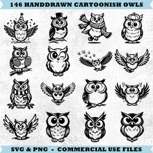 Könnte beinhalten: Schwarz-Weiß-Illustrationen von Cartoon-Eulen. Das Bild zeigt 16 verschiedene Eulen-Designs, jedes mit einzigartigen Details wie Hüten, Schals und Flügelpositionen. Der Text oben lautet "146 HANDDRAWN CARTOONISH OWLS". Unten steht "SVG & PNG - COMMERCIAL USE FILES".
