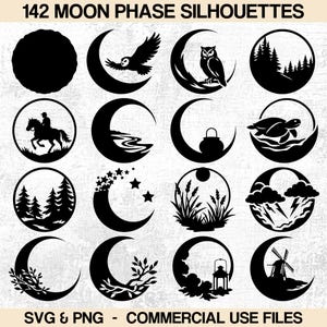 Può includere: Una collezione di 142 sagome nere delle fasi lunari in vari disegni. I disegni includono gufi, alberi, un cavallo e cavaliere, una tartaruga, stelle e un mulino a vento. Il testo "SVG & PNG - COMMERCIAL USE FILES" è in basso.