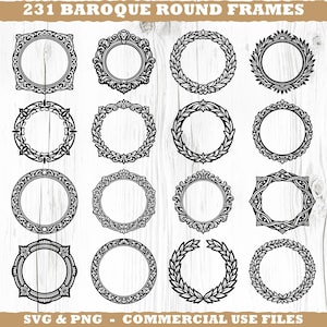 May include: A collection of 16 black and white baroque round frames with intricate designs. The image includes text that reads "231 Baroque Round Frames" and "SVG & PNG - COMMERCIAL USE FILES".