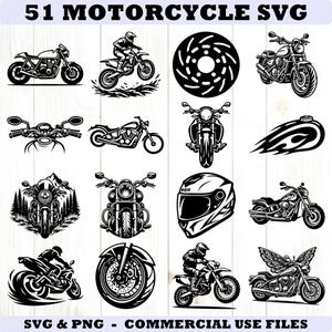 Peut inclure: Ensemble de fichiers SVG et PNG sur le thème des motos, en noir et blanc. L'image présente divers modèles de motos, notamment des motos classiques et des motos tout-terrain. Le texte en haut indique "51 MOTORCYCLE SVG".