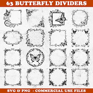 May include: Black and white butterfly dividers in various shapes, including squares, circles, and corners. The image includes the text "63 BUTTERFLY DIVIDERS" and "SVG & PNG - COMMERCIAL USE FILES". The dividers feature detailed butterfly illustrations.