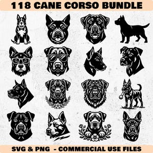 May include: A collection of 16 black and white Cane Corso dog illustrations in various poses and styles. The text "118 CANE CORSO BUNDLE" is at the top, with "SVG & PNG - COMMERCIAL USE FILES" at the bottom.