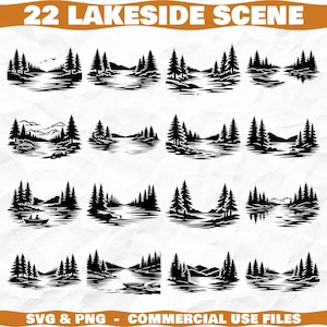 Peut inclure: Ensemble de 22 motifs de scènes de bord de lac en noir et blanc. Chaque motif présente des silhouettes d'arbres, d'eau et de montagnes. Le texte "22 LAKESIDE SCENE" est en haut et "SVG & PNG - COMMERCIAL USE FILES" en bas.