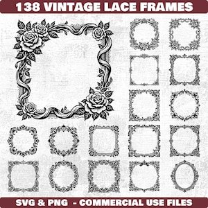 May include: A collection of 138 vintage lace frames in black and white. The frames include square, rectangular, and oval shapes, with floral and ornate designs. The text at the top reads "138 VINTAGE LACE FRAMES".
