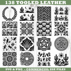 May include: A collection of 138 tooled leather designs in black and white. The designs include cacti, geometric patterns, floral motifs, and a laurel wreath. The text "SVG & PNG - COMMERCIAL USE FILES" is at the bottom.
