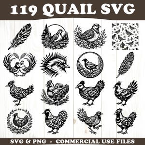 Könnte beinhalten: Eine Sammlung von 119 SVG- und PNG-Dateien zum Thema Wachtel. Die Schwarz-Weiß-Designs umfassen verschiedene Wachtel-Illustrationen, Federn und naturnahe Elemente. Der Text "119 QUAIL SVG" steht oben und "SVG & PNG - COMMERCIAL USE FILES" unten.